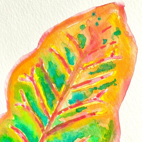 Colorful Croton II - Original Art Acrylic Marker Leaf Painting 8”x10” White Mat - Picture 4 of 8